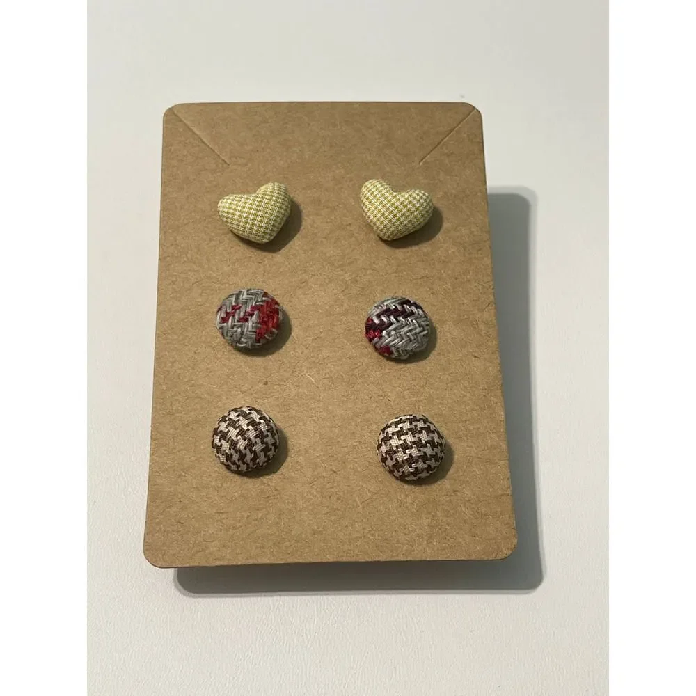 Fabric Covered Button Earring‎ Stud Set Plaid Brown
